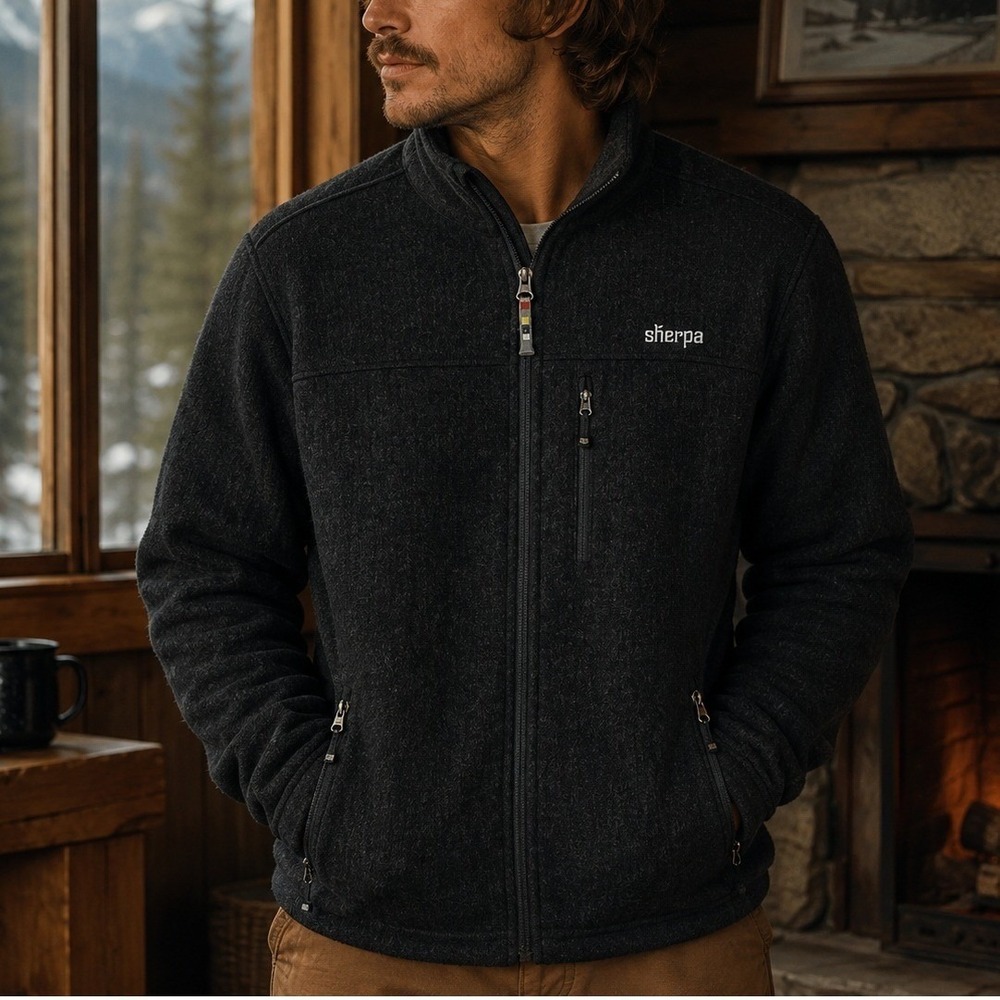 Sherpa Adventure Gear Large Wool Nepal Made Black Fleece Lined Full Zip Jacket